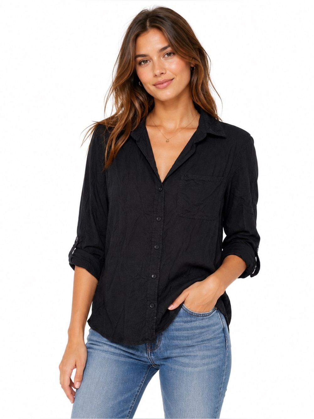 Velvet Heart Black Button Front Blouse Size Small Lightweight Rayon Shirt
